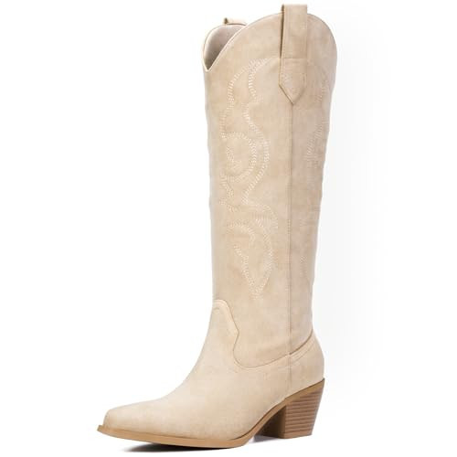 Platikly Beige Cowboy Boots for Women - Embroidered Western Cowgirl Boots Suede Leather, Wide Calf Knee High Tall Footwear, Pointed Toe Chunky Heel Pull On Zipper Classic Retro Country US 6.5 | Amazon (US)