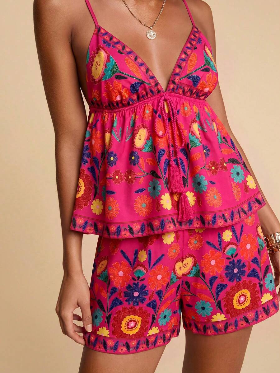 Travachic Women's Floral Print Tie Waist Tassel Camisole & Shorts 2 Pieces Set, Spring Summer Vac... | SHEIN