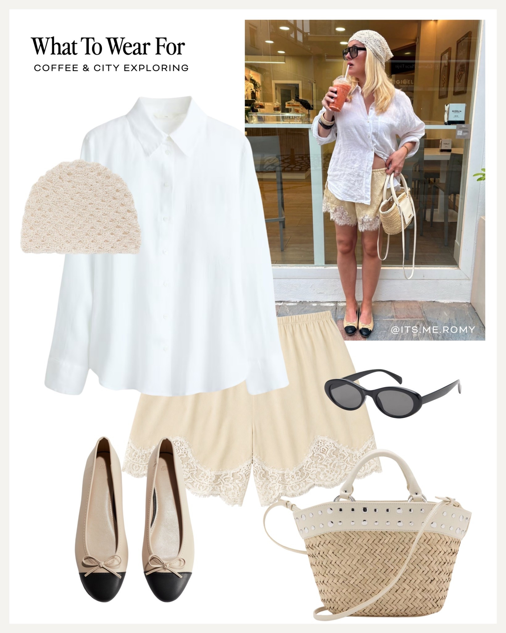 Coffee & city exploring 🤍

Silk lace shorts, white linen shirt, basket bag, ballet flats, spring summer 

#LTKspring #LTKsummer