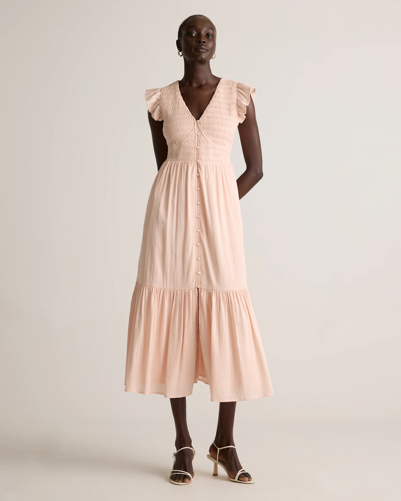 Quince | Women's Organic Textured Cotton Smocked V-Neck Midi Dress in White, Size XL, Organic Cotton | Quince