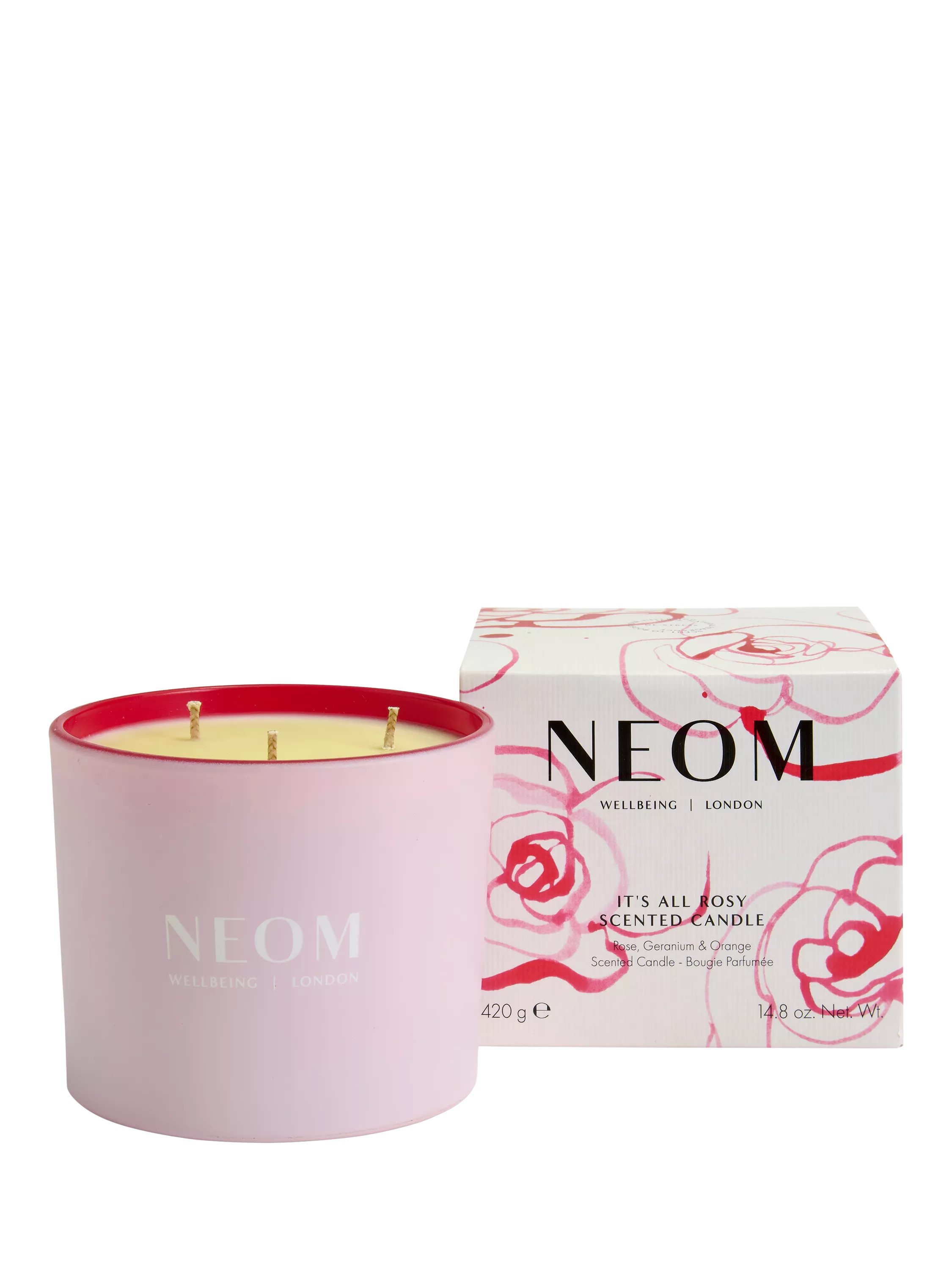 NEOM Wellbeing London It;s All Rosy Three Wick Scented Candle, 420g | John Lewis (UK)