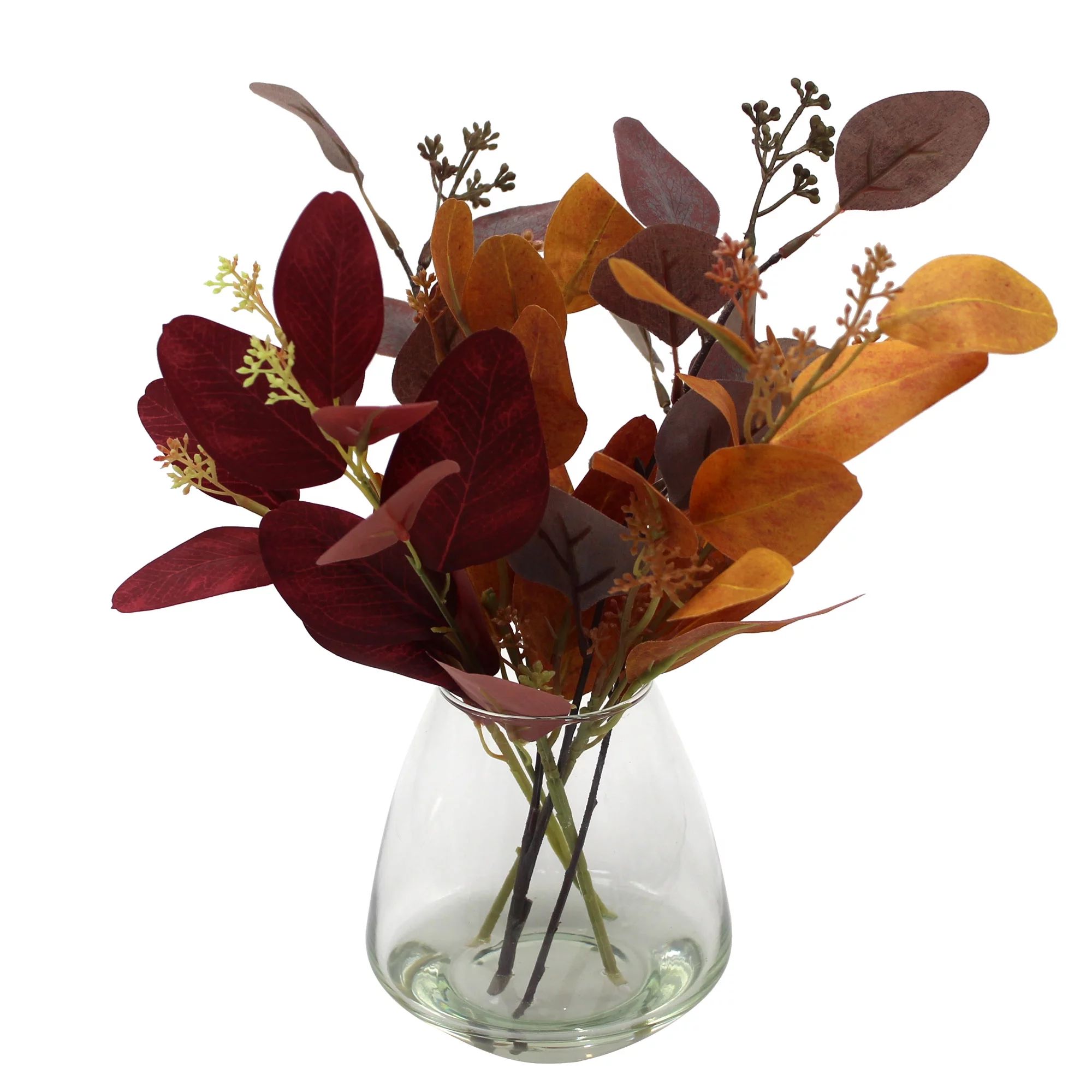 Better Homes & Gardens 12" Artificial Red and Orange Eucalyptus in Blown Glass Vase - Walmart.com | Walmart (US)