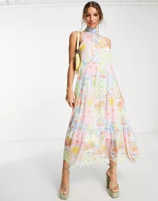 ASOS DESIGN high neck tiered maxi dress in bright postcard print | ASOS (Global)