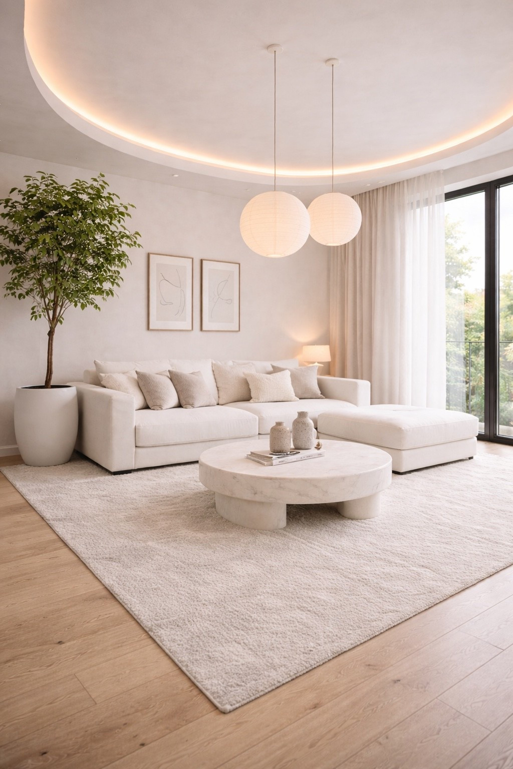 A serene modern living room designed in soft neutral tones, featuring a cozy white sectional sofa, warm wooden floors, and a statement LED ceiling with sculptural pendant lights. Large windows, sheer curtains, and a touch of greenery create a calm, airy atmosphere that feels both luxurious and inviting. Perfect inspiration for contemporary interiors and minimalist living spaces.
#livingroominspo
#modernlivingroom
#contemporaryinterior
#neutralhome
#minimalinterior
#ledlighting
#modernhome
#cozyinterior
#designerinterior
#scandinavianvibes
#ltkhome
#homeinspiration
