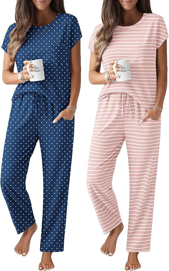 Ekouaer 2 Packs Pajamas for Women Set Cap Sleeve Top and Pants Soft Sleepwear Comfy Pjs Set with ... | Amazon (US)