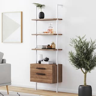 Theo Rustic Oak Wood and White Steel Frame Bookcase or Bookshelf with 2 Drawers | The Home Depot