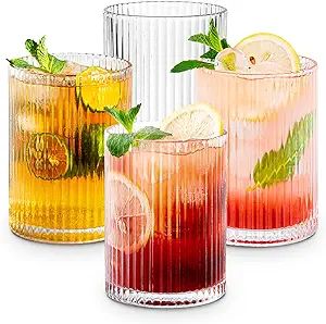 Combler Cocktail Glasses, Rocks Whiskey Glasses, 9oz Drinking Glasses Set of 4, Ribbed Glassware ... | Amazon (US)