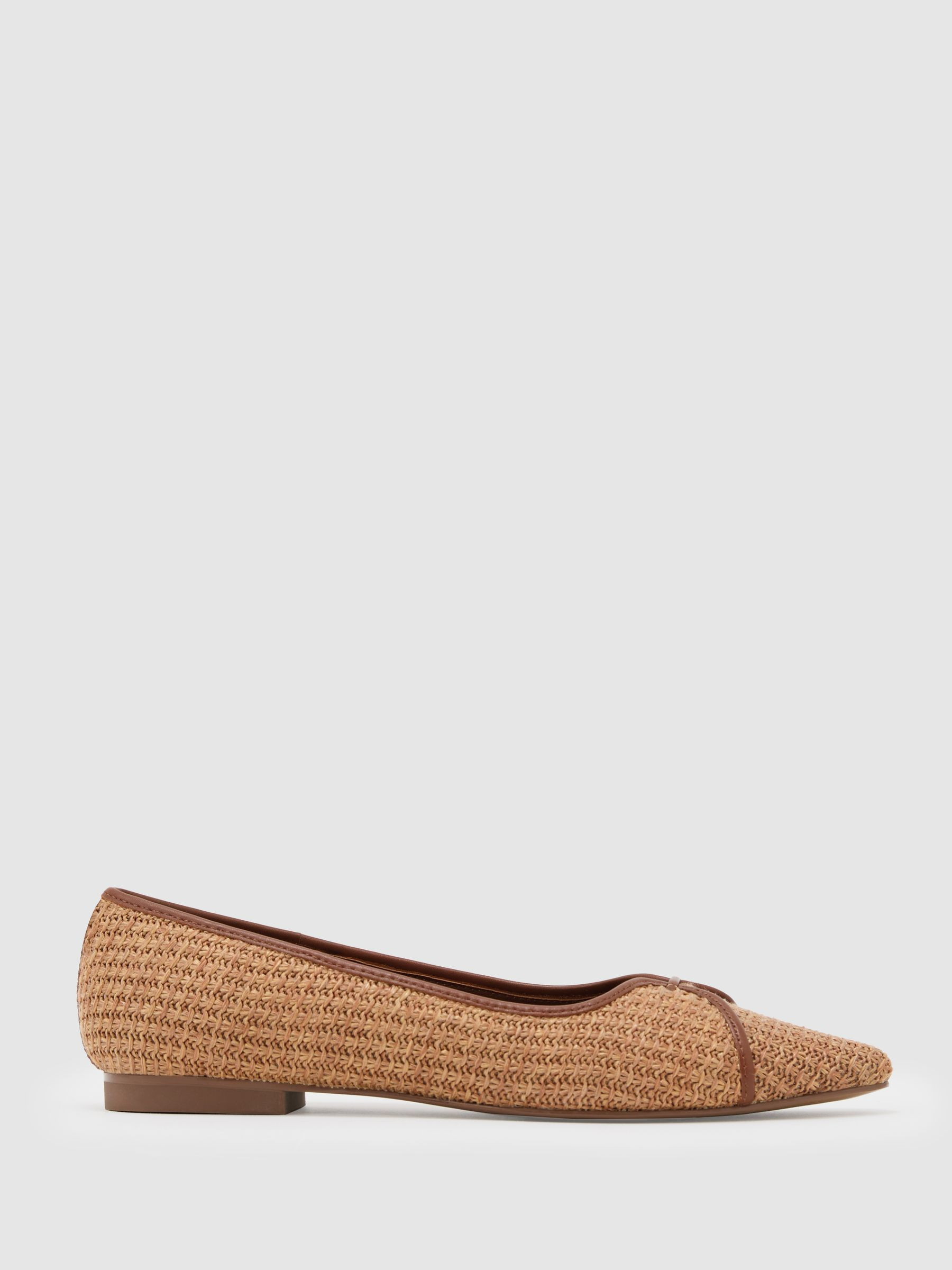Raffia-Effect Pointed-Toe Ballerina Shoes in Natural | Reiss US