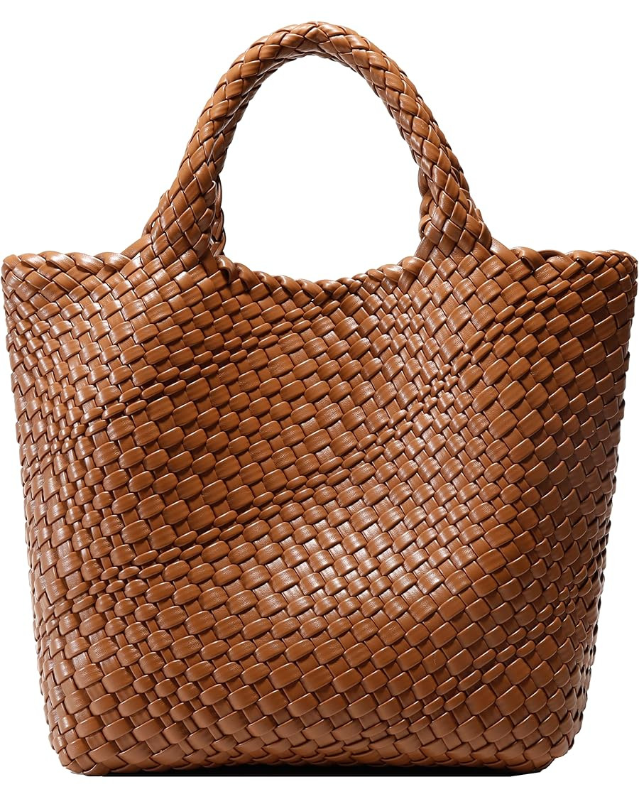 Woven Bag for Women, Vegan Leather Tote Bag Large Summer Beach Travel Handbag and Purse Retro Han... | Amazon (US)