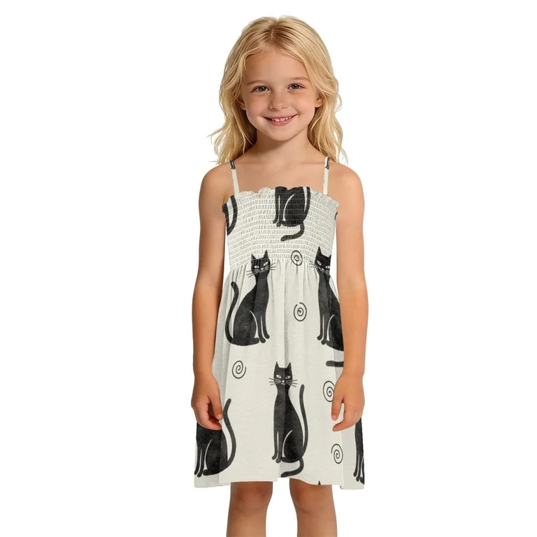 DALAWU Lightweight Black Cat Grey Smocked Sundress Adjustable Strap Flowy A-Line Summer Dress | Walmart (US)