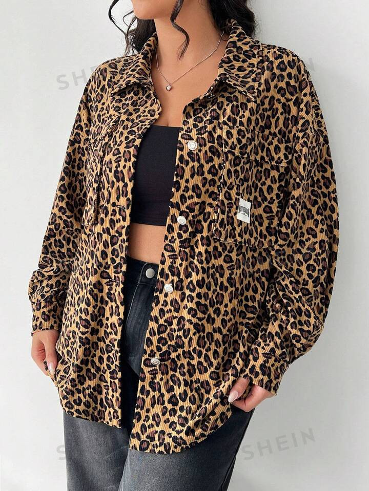 SHEIN EZwear Plus Size Women Leopard Print Letter Drop Shoulder Casual Jacket, Spring Autumn | SHEIN