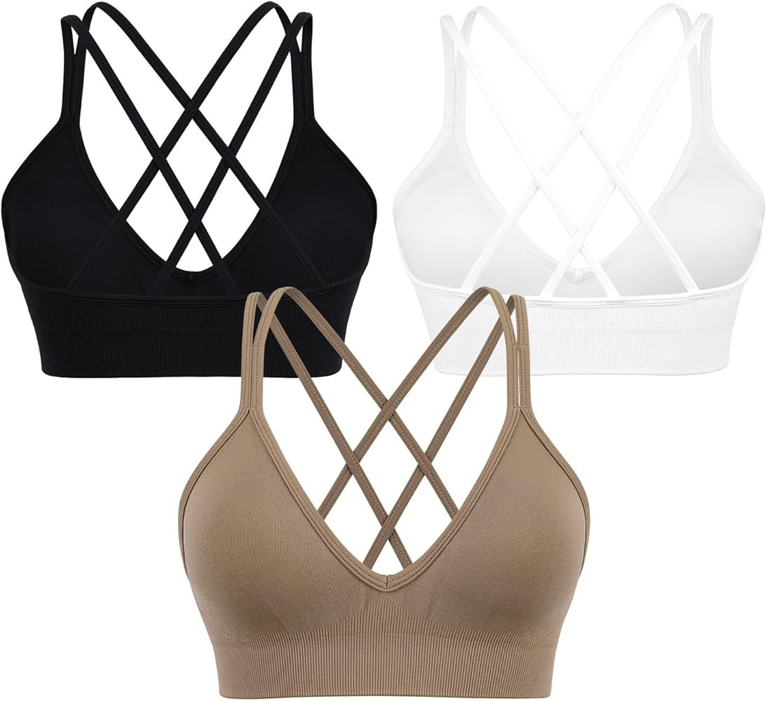 VEQKING Strappy Women Sports Bra V-Neck Criss Cross Back Padded Yoga Bra Seamless Workout Bras Sp... | Amazon (US)