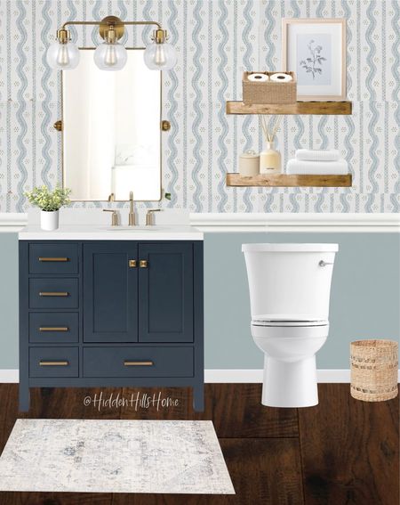 Bathroom decor, powder room, home decor, bathroom vanity, bathroom shelves, wallpaper, mirror, cute bathroom ideas #bathroom #homedecor

#LTKhome #LTKsalealert #LTKFind