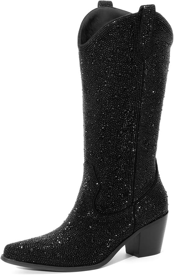 Women’s Rhinestone Cowboy Boots Mid Calf Pointed Toe Sparkly Block Heel Cowgirl Boots with Pull... | Amazon (CA)
