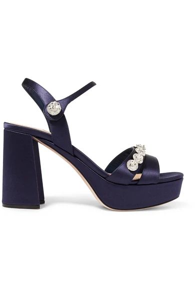 Miu Miu - Crystal-embellished Satin Platform Sandals - Navy | NET-A-PORTER (US)