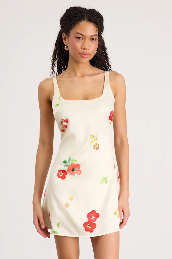 Malandra Cream Multi Print Satin Mini Dress | white floral dress | floral mini dress | Lulus