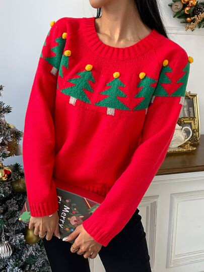 Christmas Tree Pattern Pom Pom Detail Raglan Sleeve Sweater
   
      SKU: sw2208225222688606
   ... | SHEIN