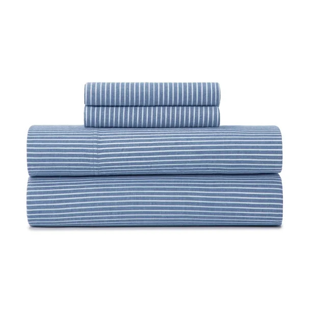 Gap Home Yarn Dyed Organic Cotton Washed Chambray Stripe Sheet Set, Deep Pocket, Queen, Blue, 4-P... | Walmart (US)