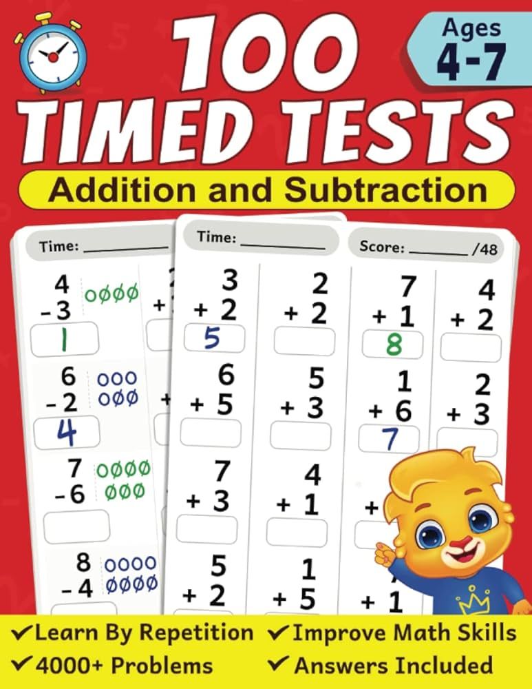 100 Timed Tests for Addition and Subtraction: Math Book for Kids Ages 4 to 7 | Preschool, Kinderg... | Amazon (US)