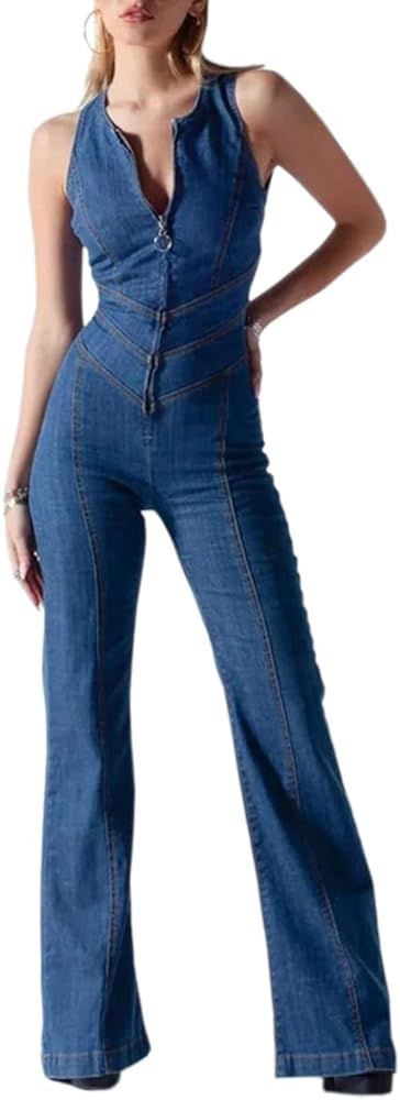 Womens Sexy Slim Fit High Waist Denim Jumpsuit Sleeveless Zipper Backless Wide Leg Rompers | Amazon (US)