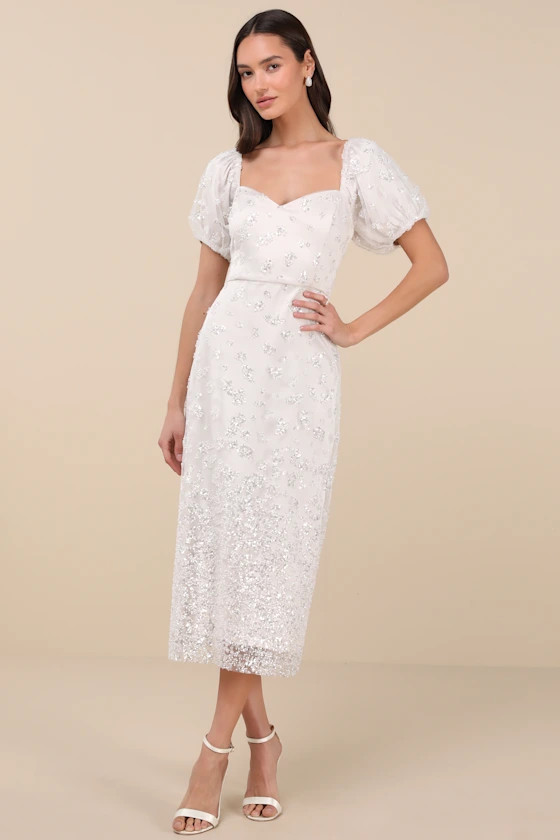 Glorious Poise Ivory Sequin Pearl Puff Sleeve Midi Dress | Lulus