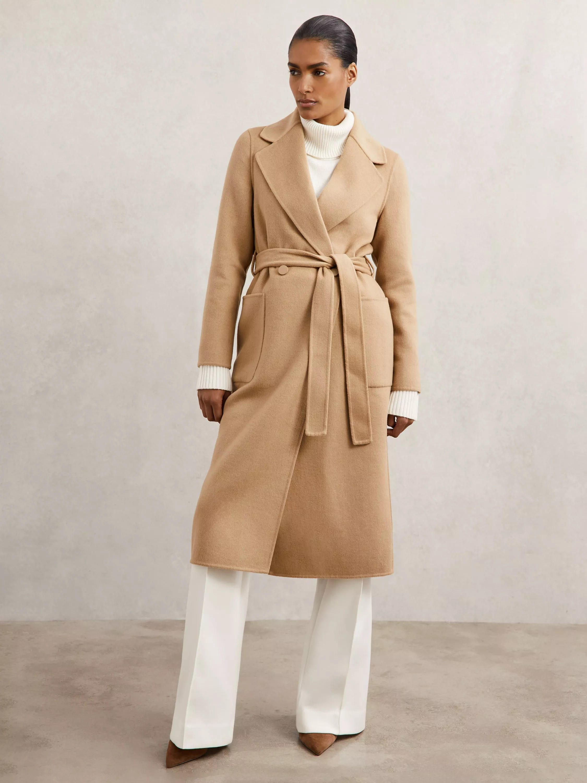 Reiss Lucia Petite Longline Wool Blend Coat, Camel | John Lewis (UK)