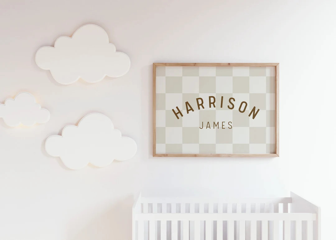 Personalized Name Sign Downloadable Print, Nursery Name Decor, Kids Room, Checkerboard Neutral Wa... | Etsy (US)