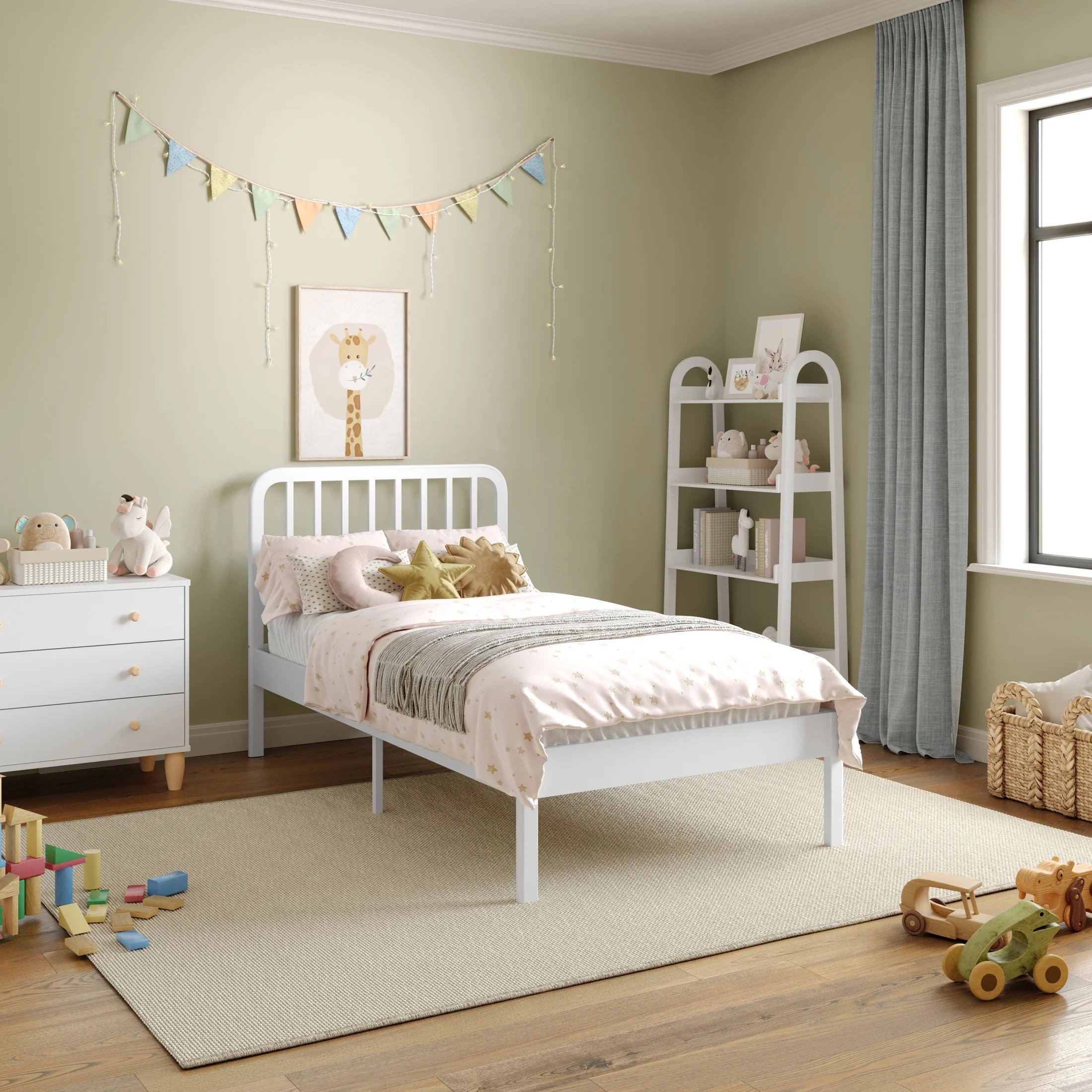 Buzz & Bloom Kids Twin-Size Platform Bed with Rectangular Wood Slat Headboard, White | Walmart (US)