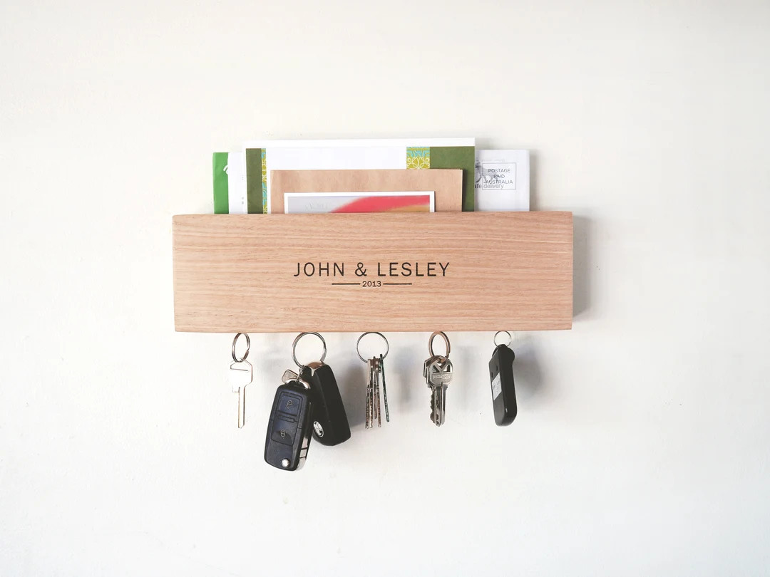 Mail and Key Holder in Oak Wood (30cm) - Personalised Housewarming Gift, Tasmanian Oak Wood, Wood... | Etsy (US)