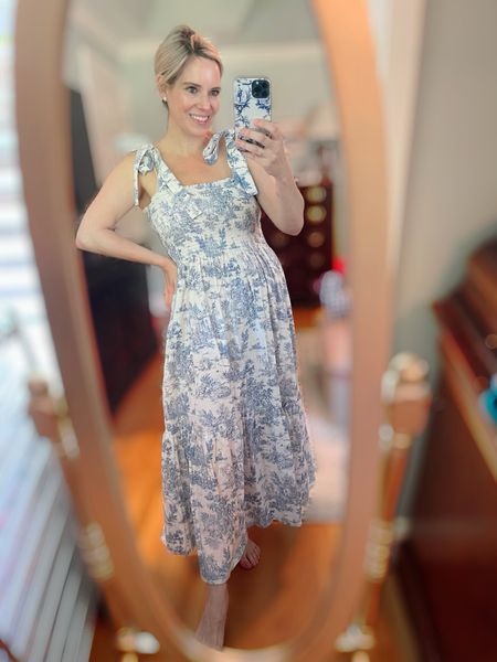 Toile smocked tie shoulder maxi, grandmillennial dress 

#LTKover40 #LTKSeasonal