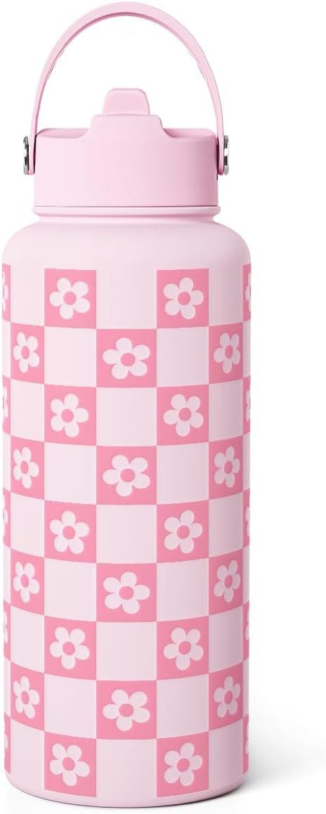 Checker Daisy Water Bottle 32oz Stainless Steel with Lid & Straw, Checkerboard Insulated Bottles ... | Amazon (US)