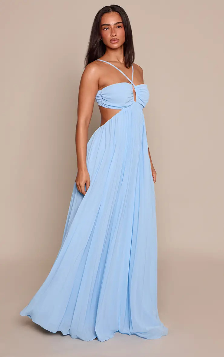 Blue Pleated Tie Front Cut Out Waist Bandeau Maxi Dress | PrettyLittleThing USA | PrettyLittleThing US