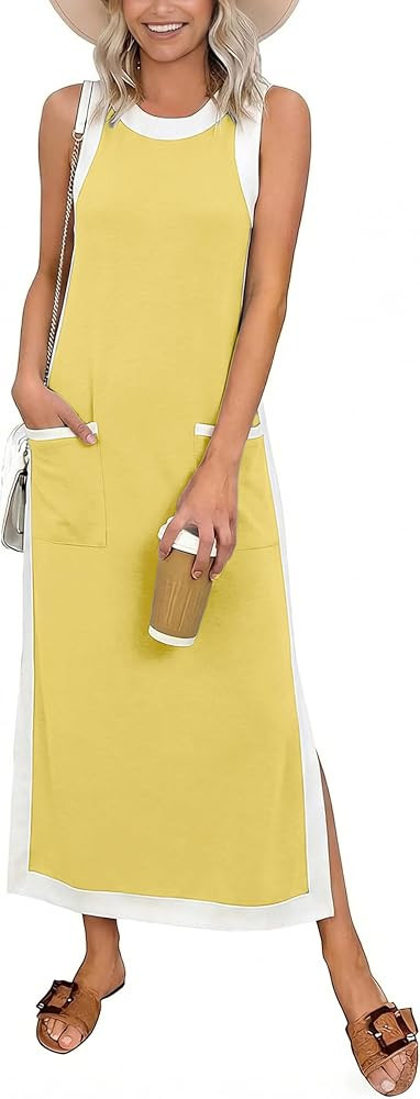 Fiona Jolin Women 2026 Summer Color Block Maxi Dress Sleeveless Crewneck Side Split Beach Dress F... | Amazon (US)