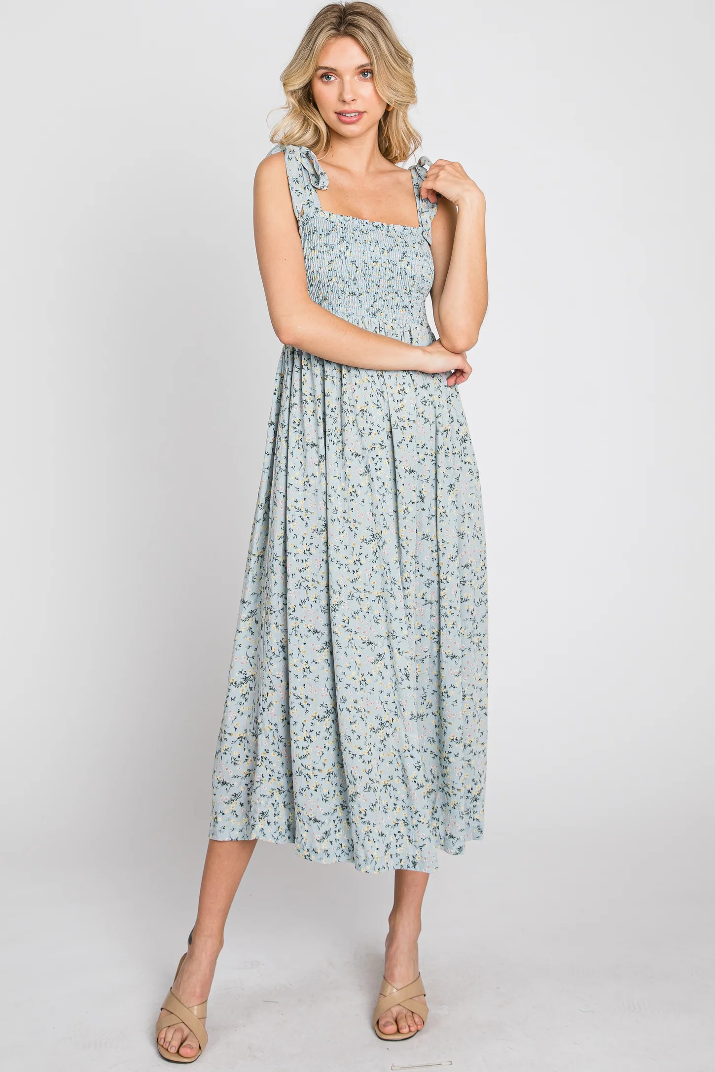 Light Blue Floral Smocked Tie Strap Midi Dress | PinkBlush Maternity