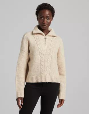 Bershka cable knit detail half zip jumper in beige | ASOS (Global)