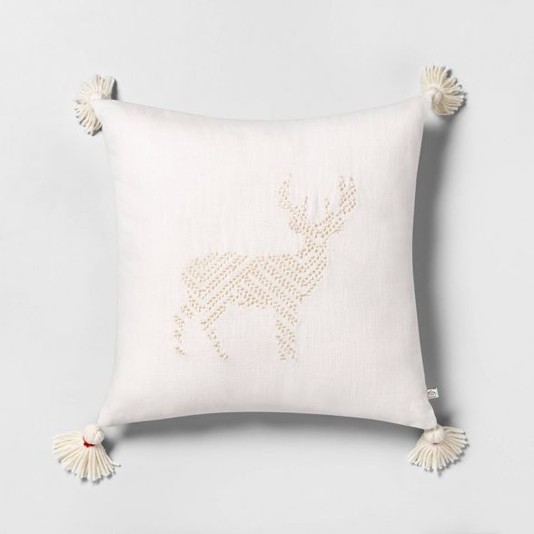 Deer Embroidered Toss Pillow Tonal Cream with Tassels - Hearth & Hand™ with Magnolia | Target