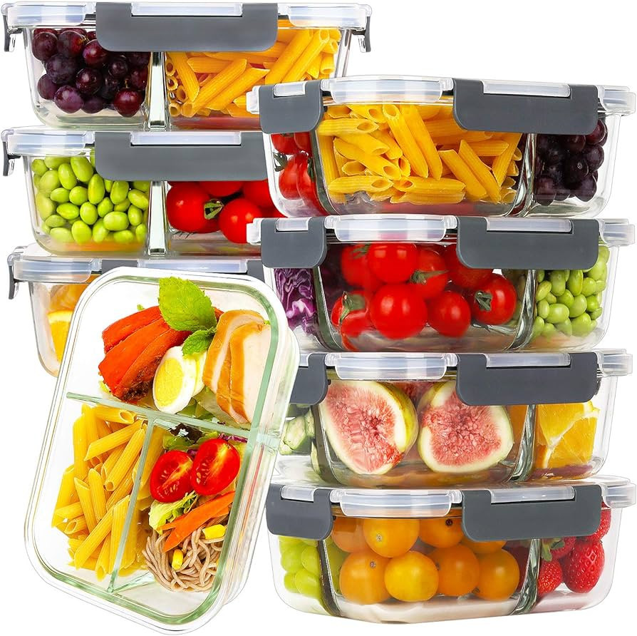 Bayco 8 Pack Glass Meal Prep Containers 3 Compartment, Glass Food Storage Containers with Lids, A... | Amazon (US)