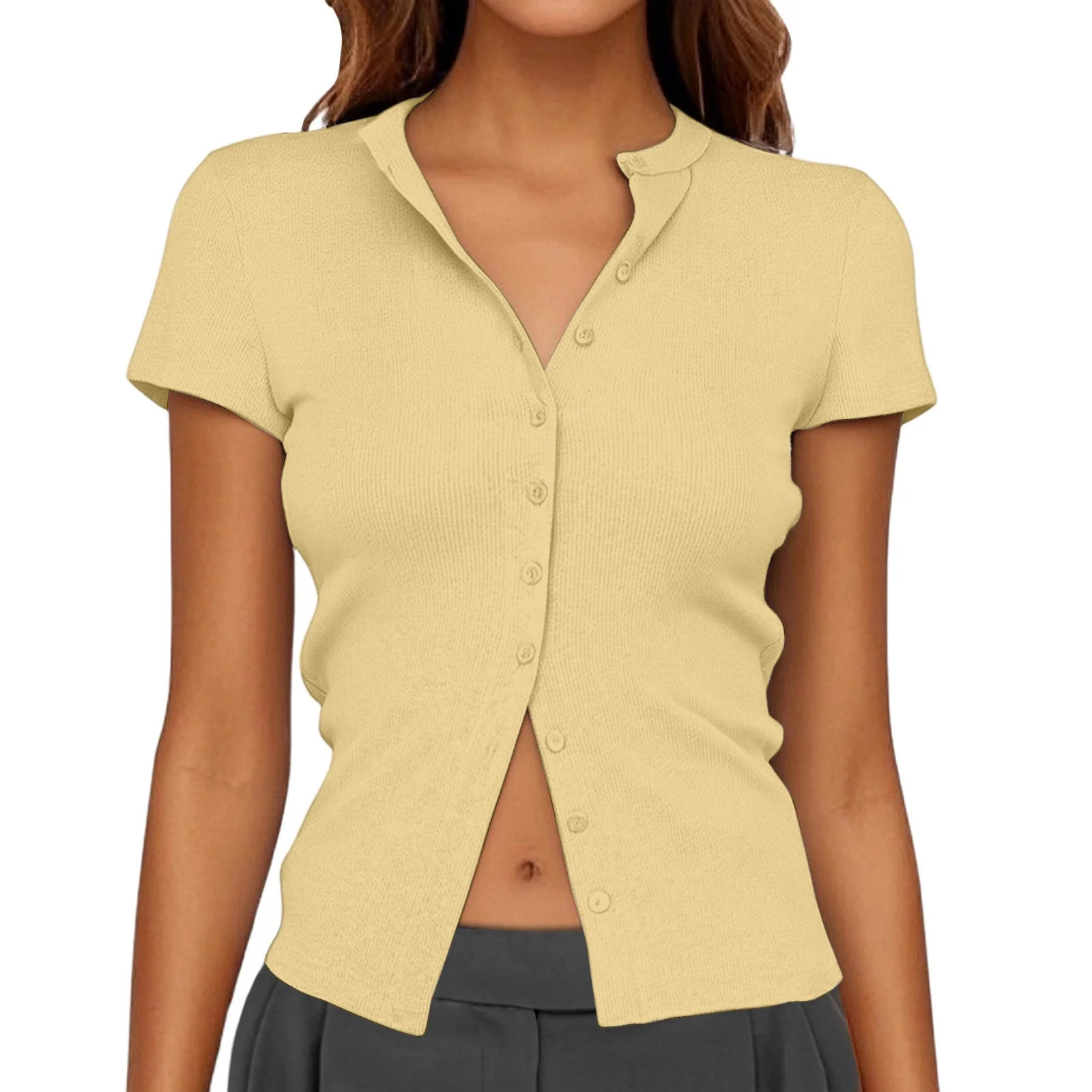 Spring Tops for Women Button Up Ribbed Short Sleeve Cardigan Pure Color Summer Shirts for Women Y... | Walmart (US)