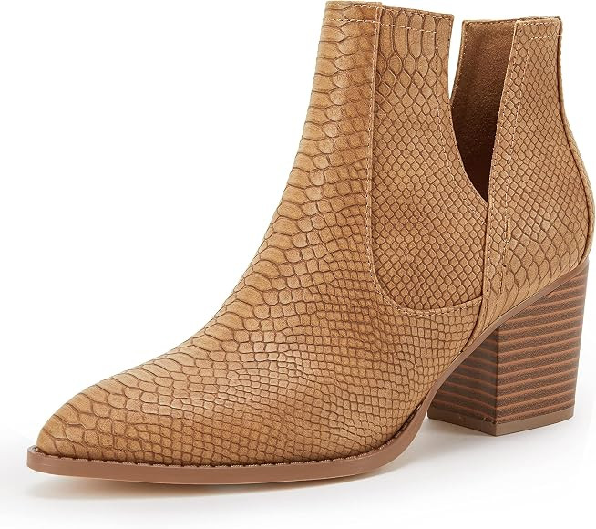 Womens Ankle Boots Slip on Cutout Pointed Toe Snakeskin Chunky Stacked Mid Heel Booties | Amazon (US)