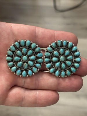 STERLING SILVER NATIVE AMERICAN SW TURQUOISE PETIT POINT CLUSTER EARRINGS .925 | eBay US