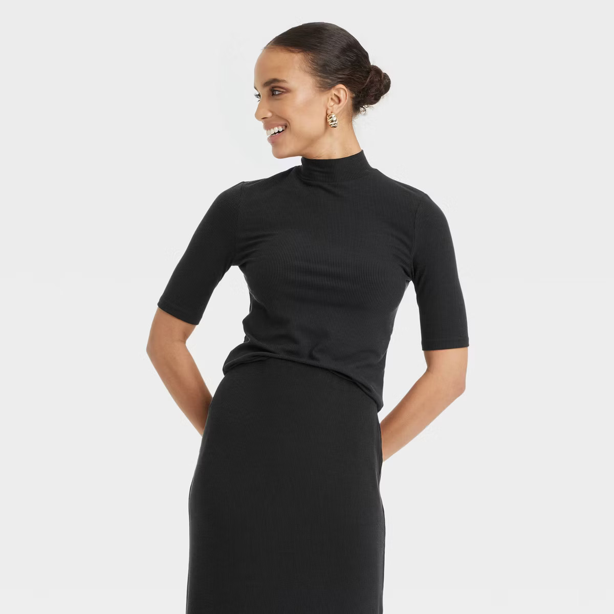 Women's Elbow Sleeve Mock Turtleneck Ribbed T-Shirt - A New Day™ Black M | Target