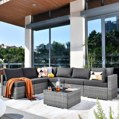 Ovios Venice 7pc Wicker Outdoor Patio Furniture Set Conversation Sofa Sectional with a Table and Dark Gray Cushions | Target