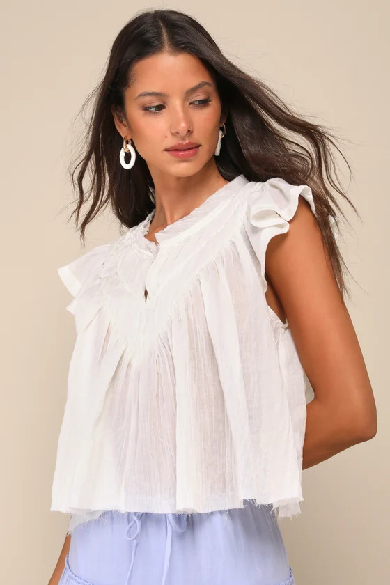 Compelling Babe Ivory Cotton Raw Hem Ruffled Flutter Sleeve Top | Lulus