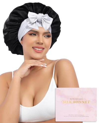 AWAYTR Silk Bonnet for Sleeping Women 100% Mulberry Silk Bonnet with Band 2 Layer Reversible Hair Bonnet Sleeping Hair Wrap (Silk, Black/Silver Grey) | Amazon (US)