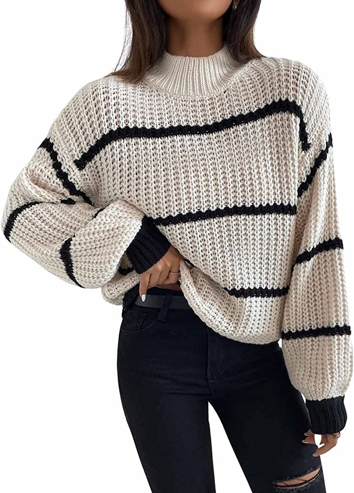 SheIn Women's Long Sleeve Mock Neck Striped Color Block Loose Pullover Sweater Tops | Amazon (US)