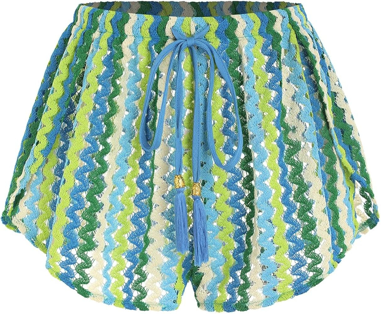 ZAFUL Crochet Cover Up Shorts for Women Beach Swimwear 2026 Boho High Waisted Drawstring Flowy Sw... | Amazon (US)