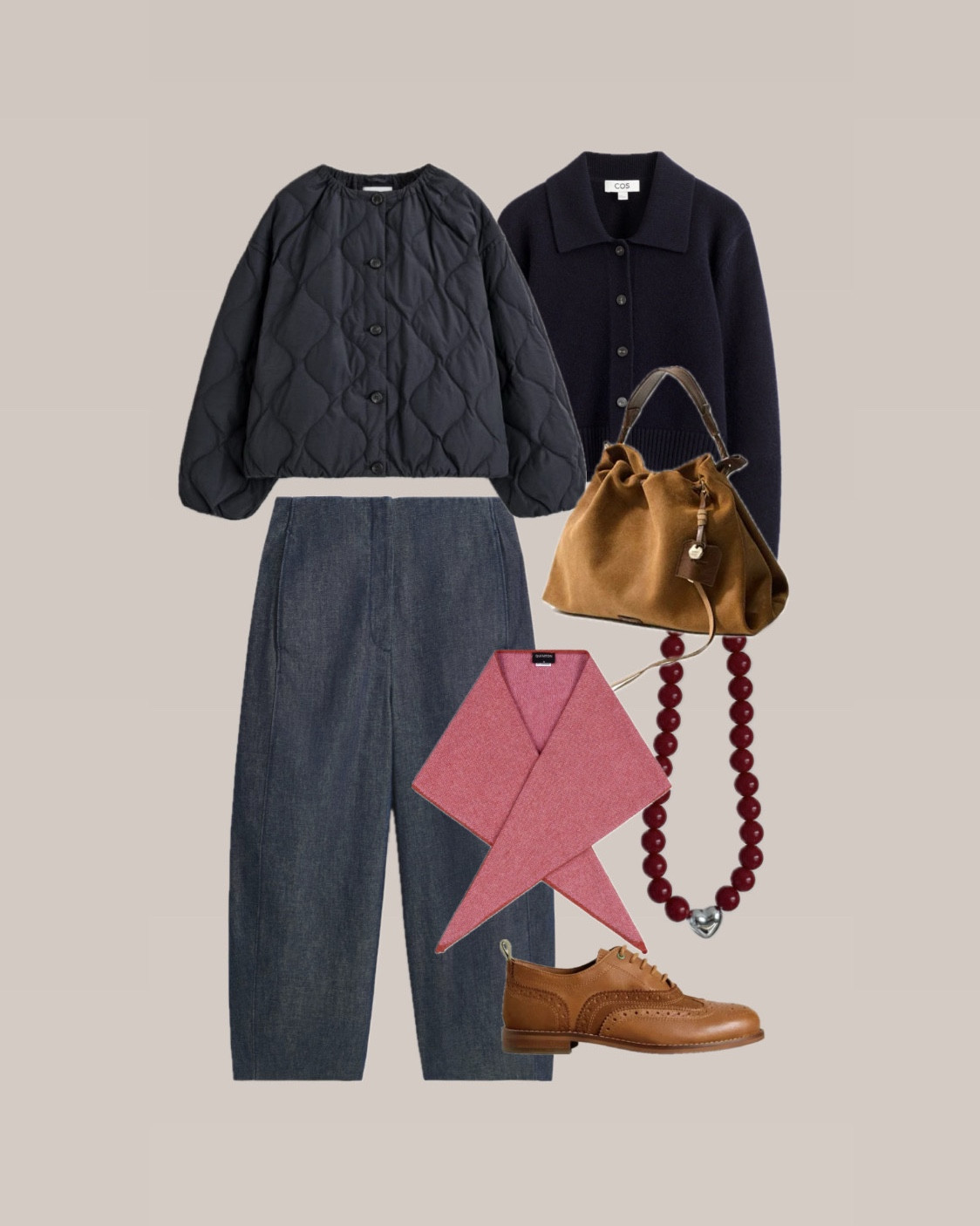 Dark denim and navy with red, pink & tan accessories. All true to size. I sized up in the Cardigan for a more relaxed look. 
The necklace I’m wearing is from Balance & Believe. 
Red Coal Necklace
Pink Triangle Scarf
Dark denim Barrel Jeans
Navy quilted Jacket
Tan Brogues 
Tan suede Clutch 

#LTKspring #LTKFashionMonth #LTKover50style
