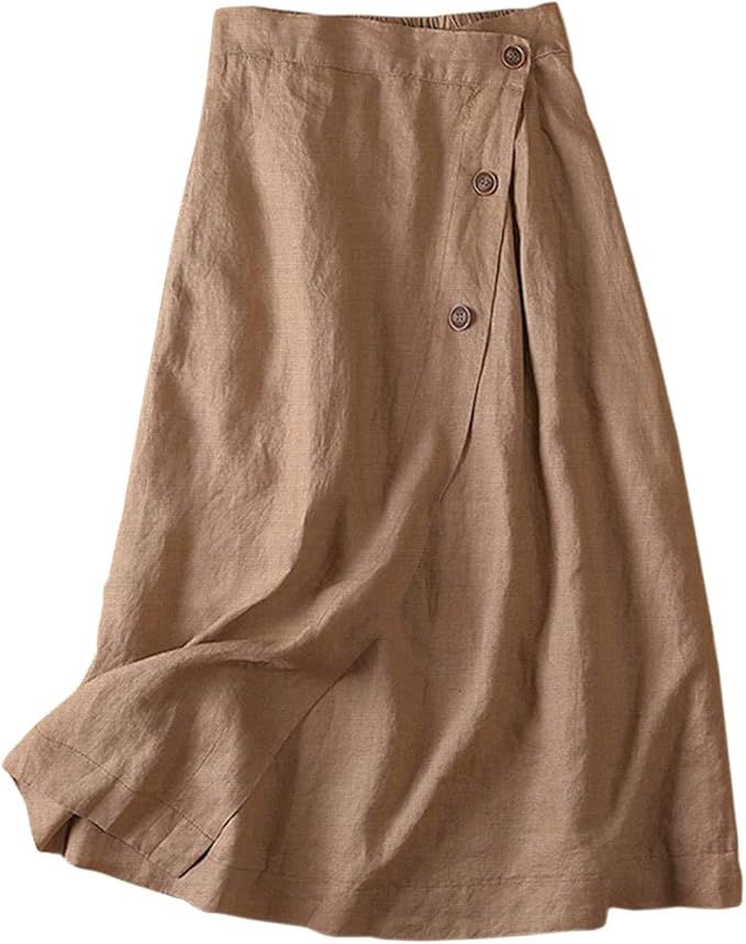 CHARTOU Women's Summer Linen Elastic Back Buttoned Swing Midi A Line Skirt | Amazon (US)