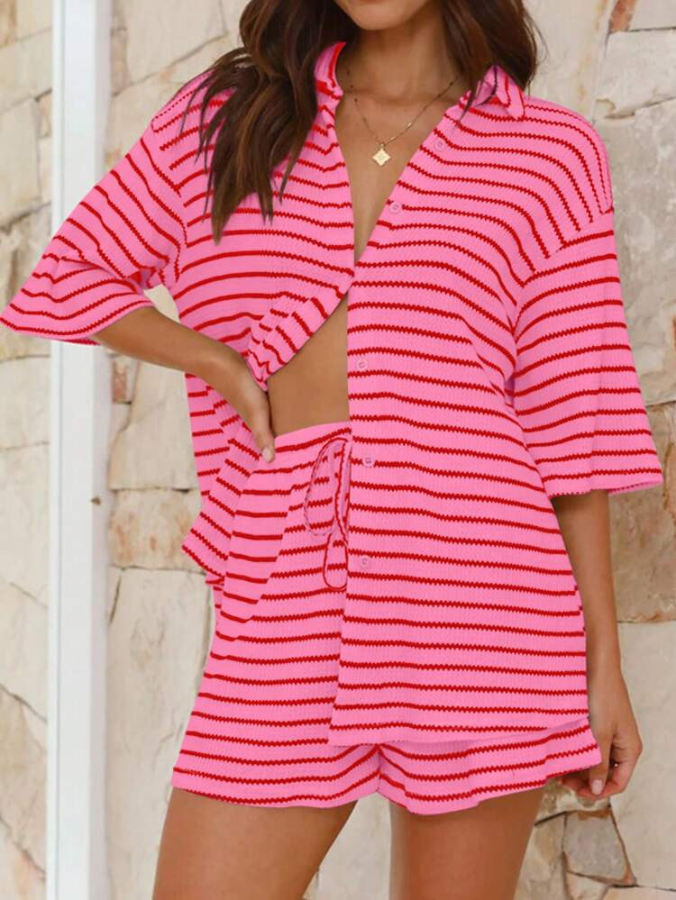 Knit Casual Striped Sports Set, Including Lapel Buttoned Shirt Top & Elastic Waist Loose Shorts, Suitable For Daily Wear, Home, Travel, Vacation, Business, Beach, Spring/Summer Elegant Pink | SHEIN