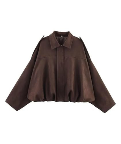 Women's Faux Suede Bomber Jacket Casual Cropped Pilot Coat Oversized Long Sleeves Zip Up Trendy Streetwear Outerwear (US, Alpha, Medium, Regular, Regular, Coffe) | Amazon (US)